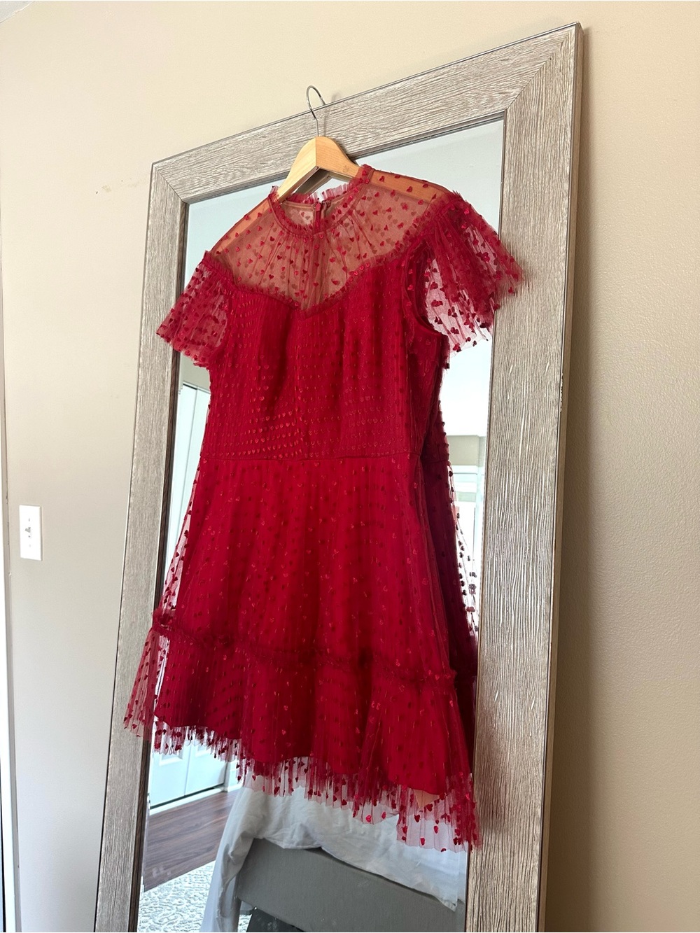Monique Lhuillier Anthro Red Chiffon Heart Embroidered Ruffle Mini Dress Large